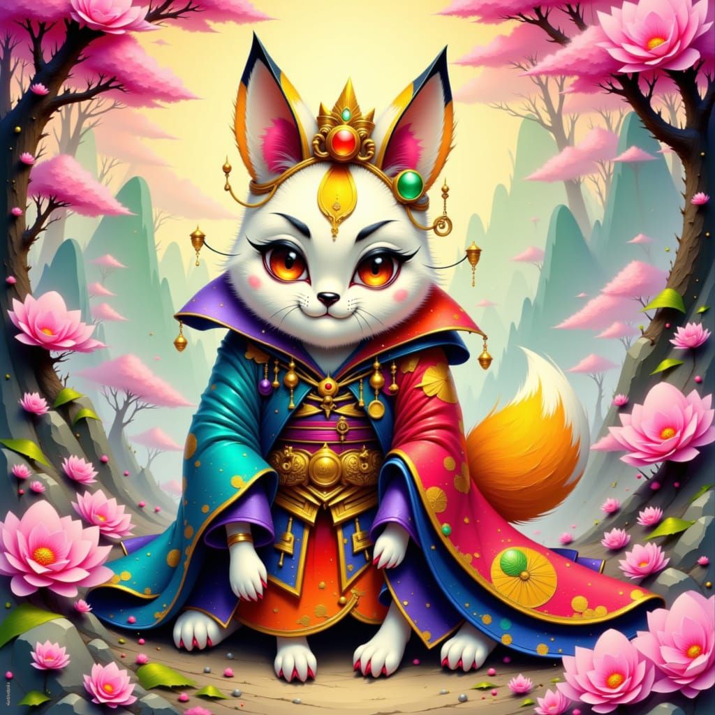 Kitsune Deity with Cherry Blossoms in Vibrant Style