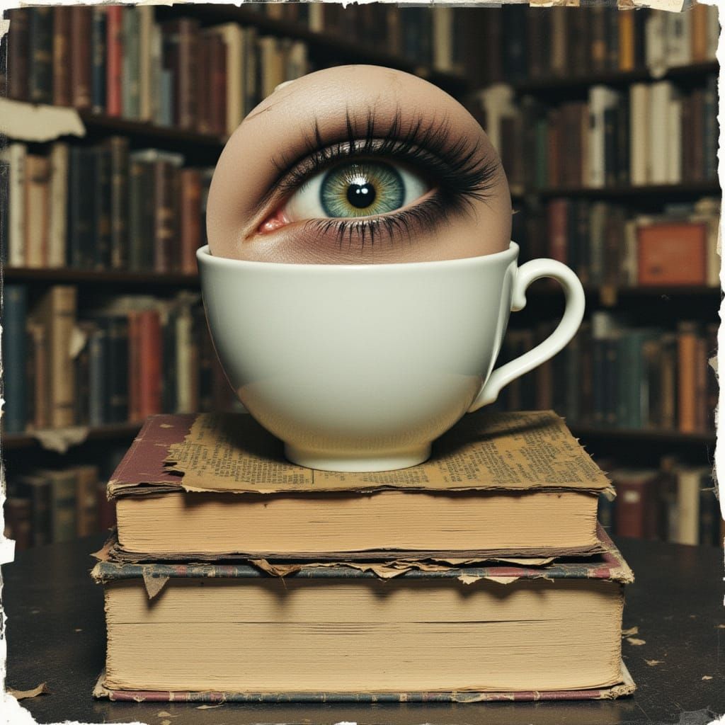 Surreal Teacup Eye Portrait in Warped Library