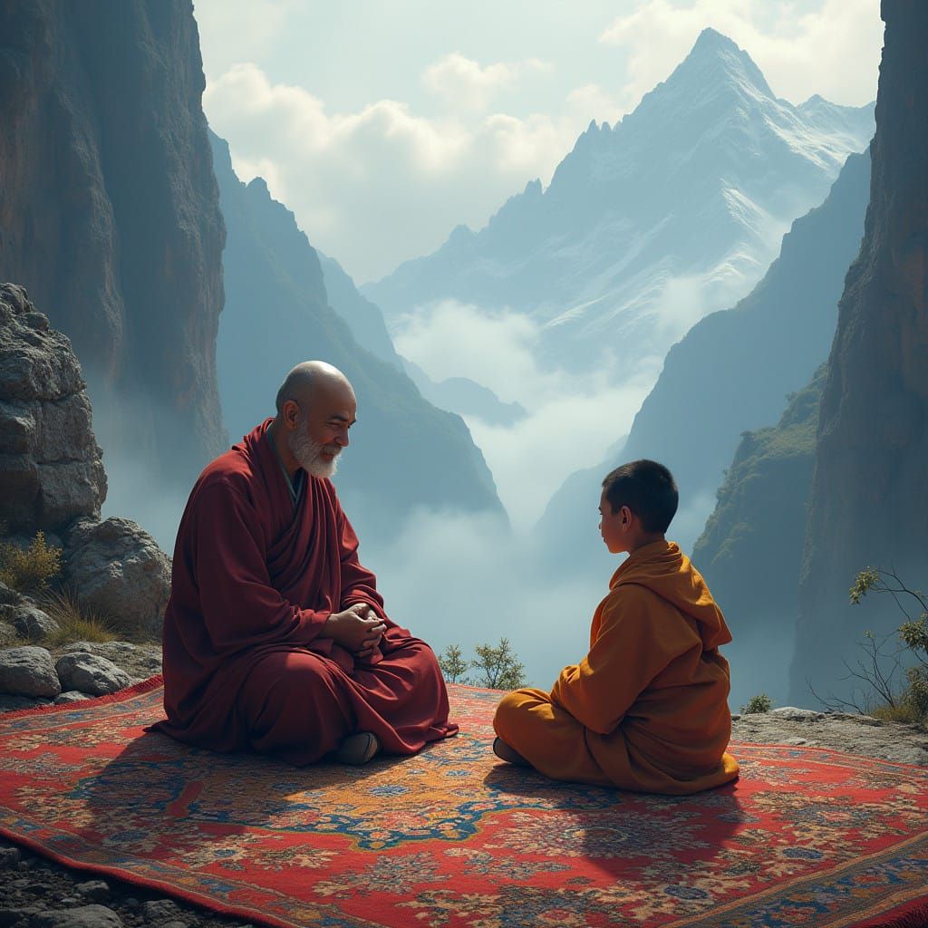 Tibetan Monk Guides Young Boy in Spiritual Teachings Amidst....