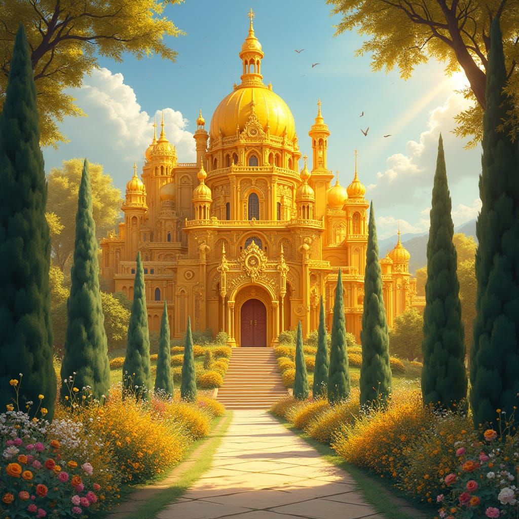 Citrine Castle in Garden, Art Nouveau Style