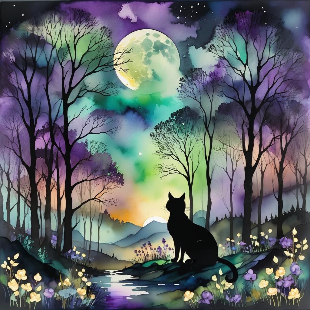 Enchanting Moonlit Night Scene in Gouache Style