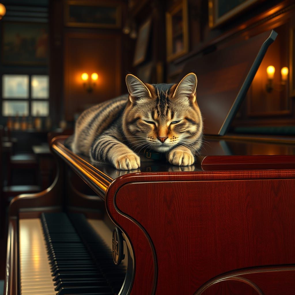 Hyperrealistic Tabby Cat Naps on Polished Piano