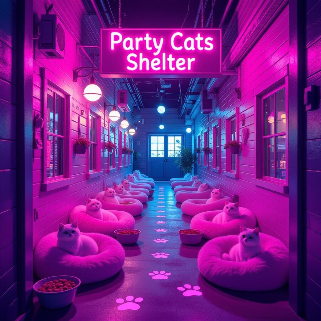Whimsical Pink Cat Sanctuary with Disco Lights