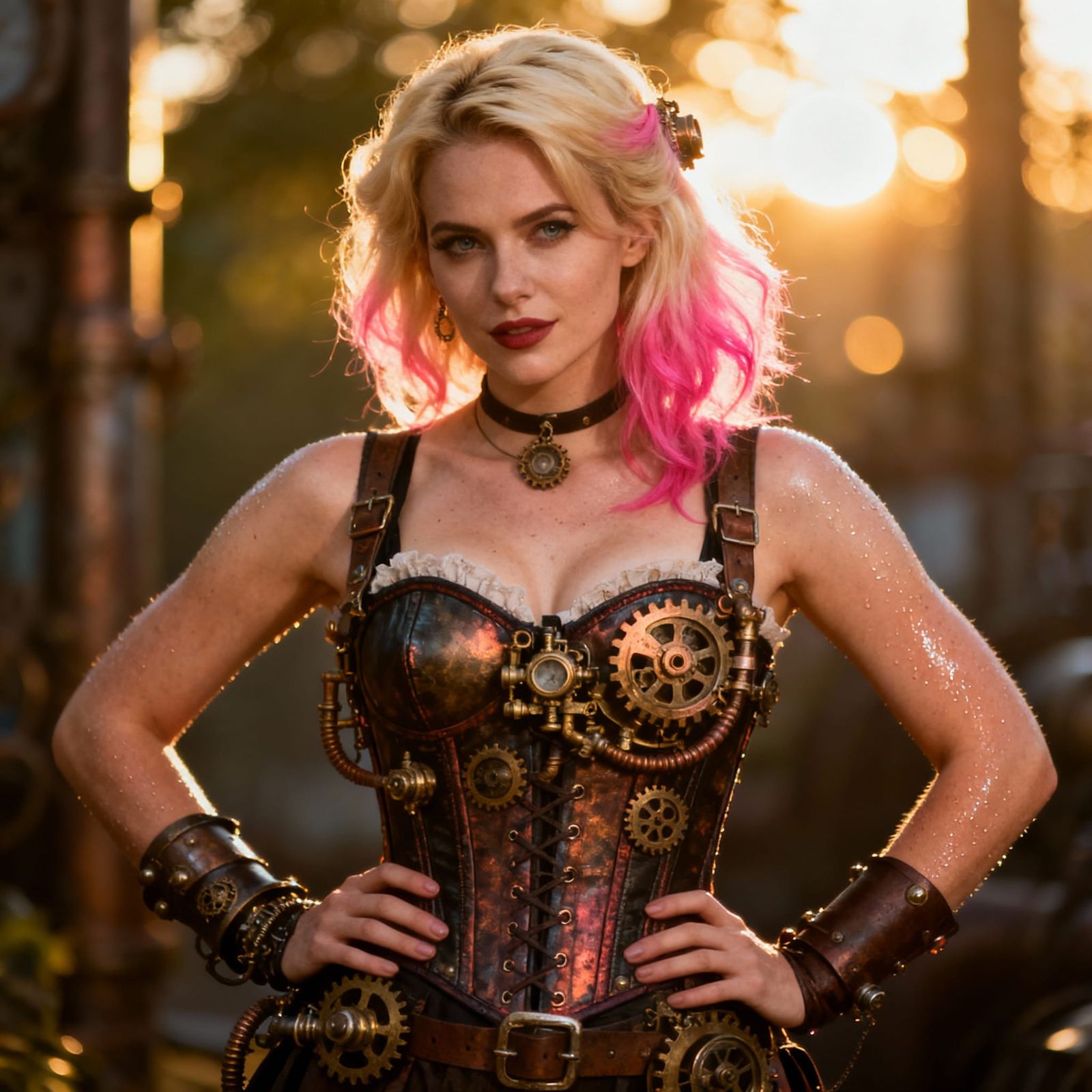 Pin-Up Woman in Steampunk Attire with Zorn-Inspired Glow