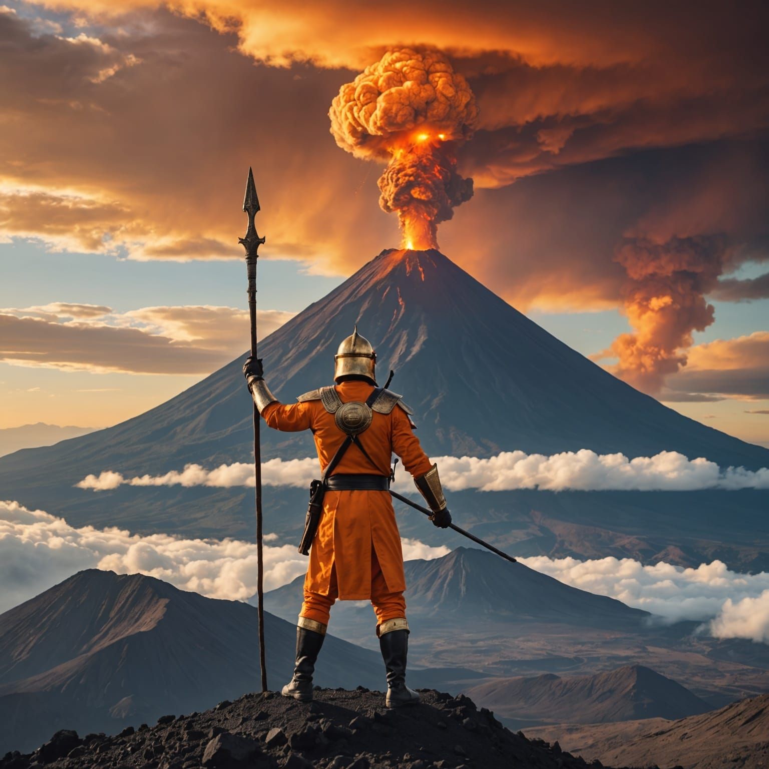Orange Minotaur with Spear Amidst Volcanic Eruption