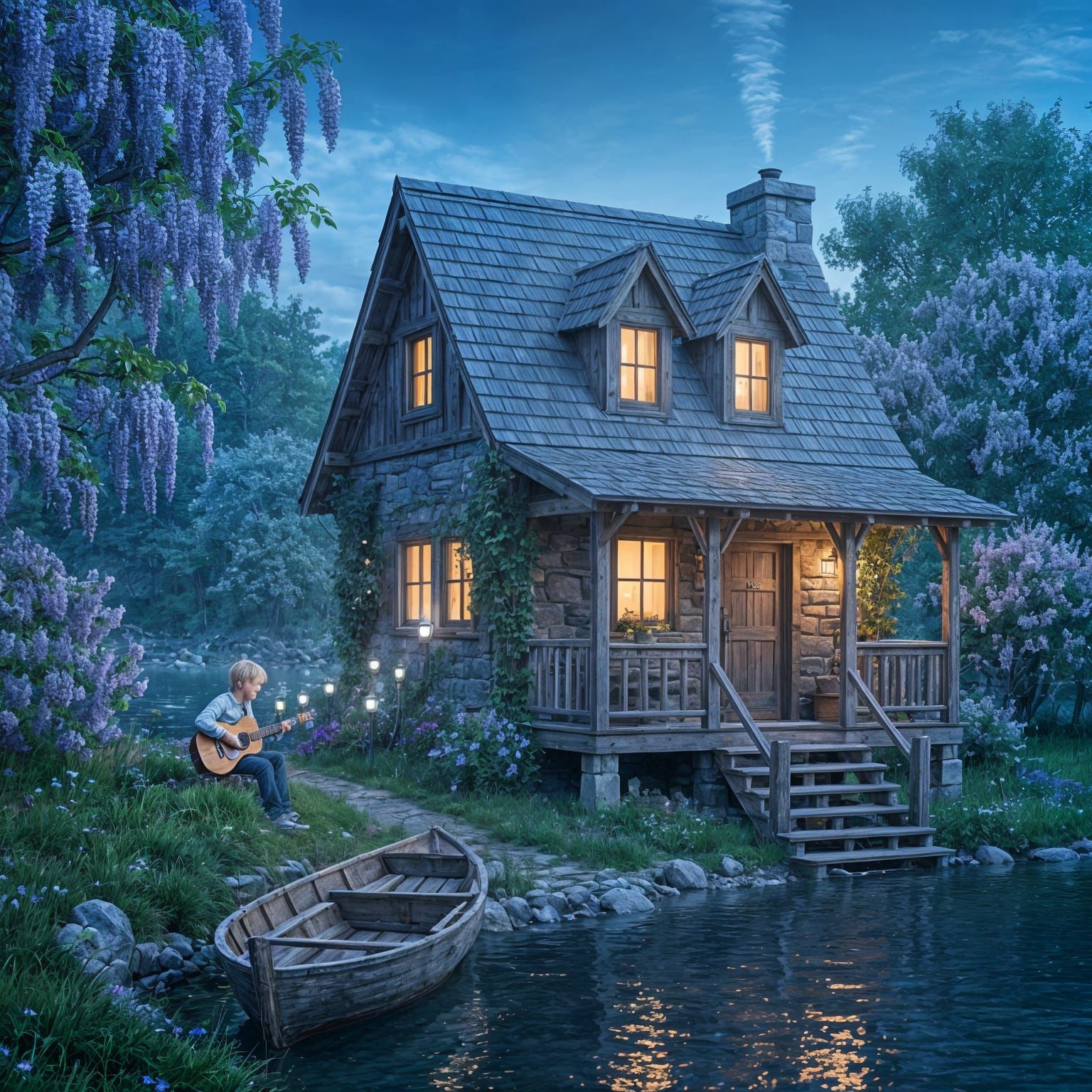 Boy Playing Guitar in Magical Twilight Fantasy Landscape