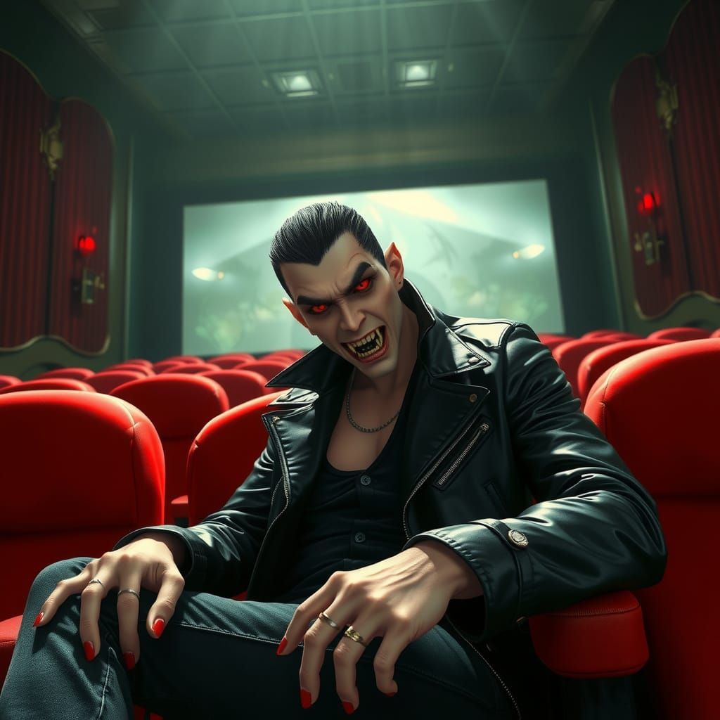 Stylish Vampire in Noir Movie Theater
