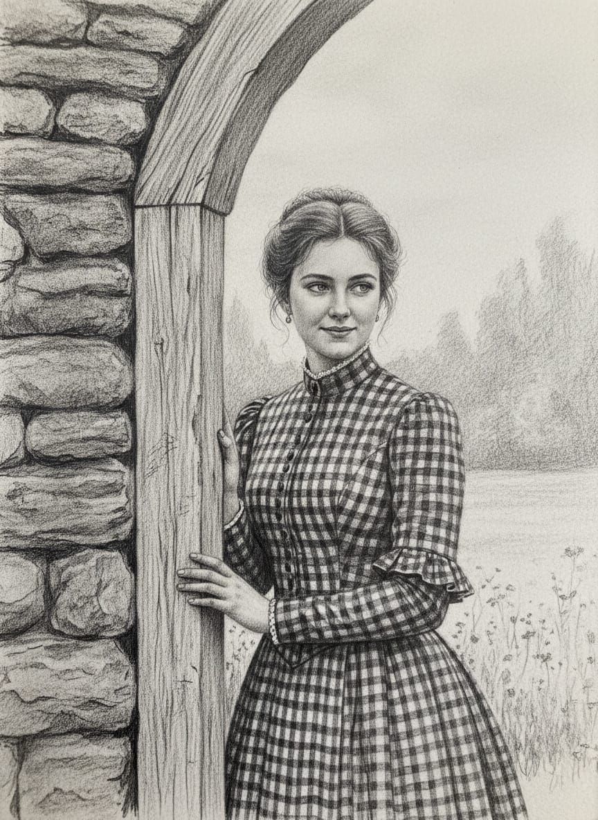Victorian Woman in Checkered Dress by Rustic Entryway, Graph...