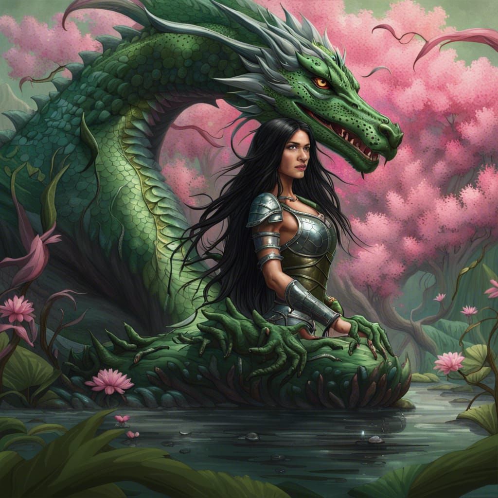 Woman and Dragon in a Swampy Marsh
