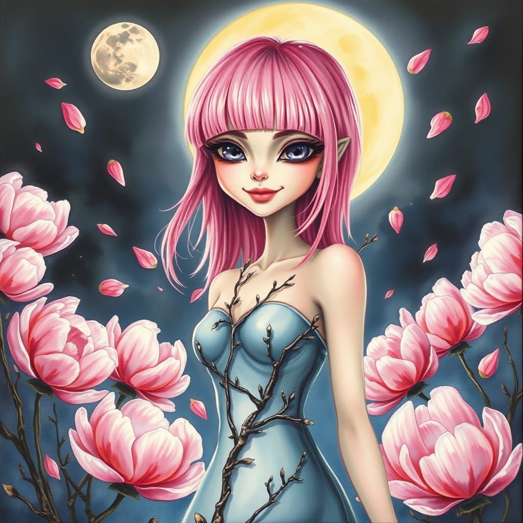Pink-Haired Alien in Peony Petal Shower, Watercolor Style