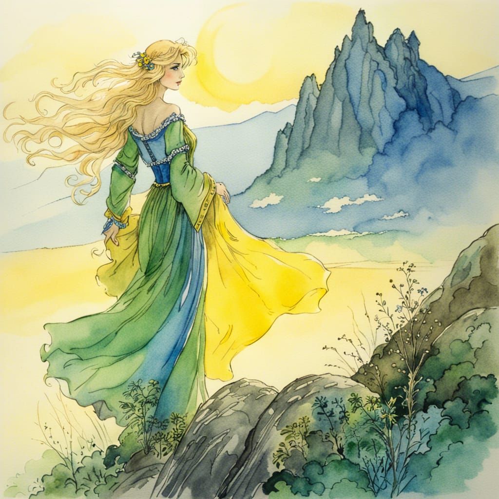 Medieval Maiden at Dawn: Watercolor Fantasy Art