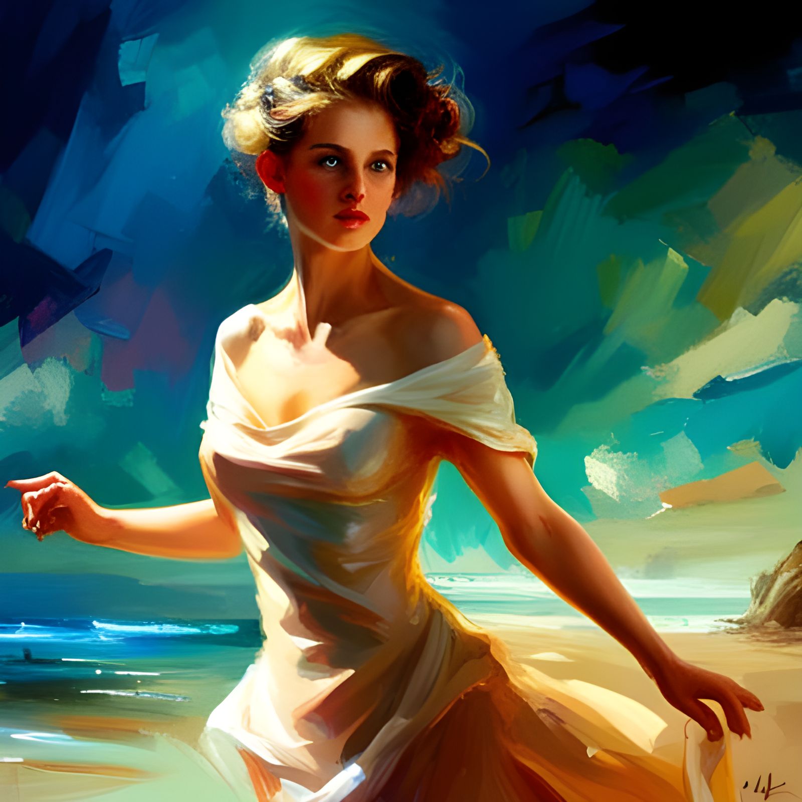 Beautiful Woman in Flowing Dress, Digital Art Style