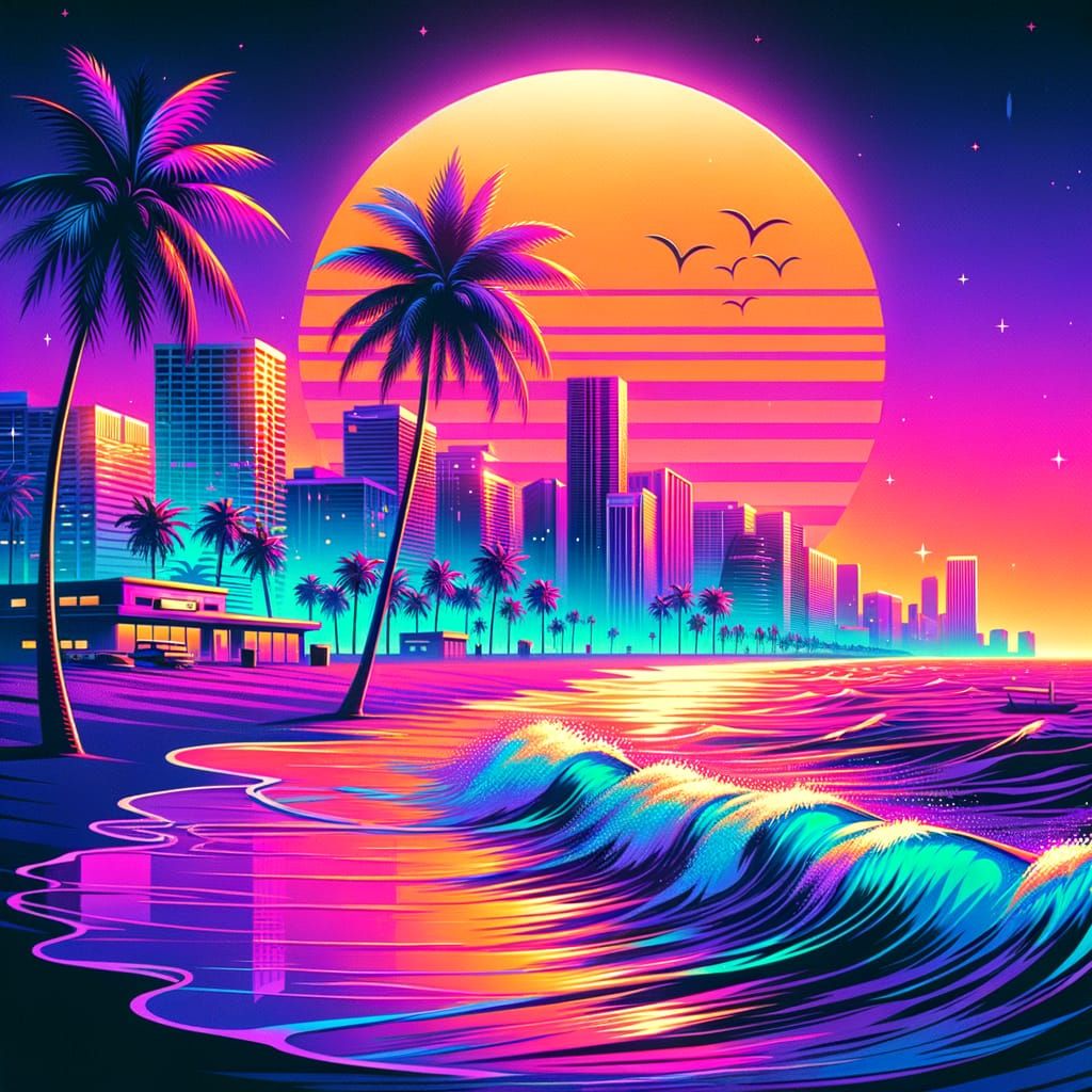 Vaporwave Miami Beach Sunset in Retro Neon