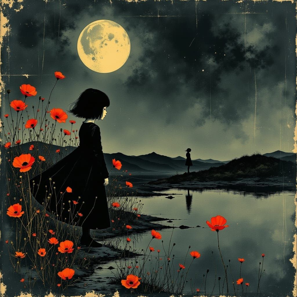 Melancholic Girl Among Poppies Under Moonlight