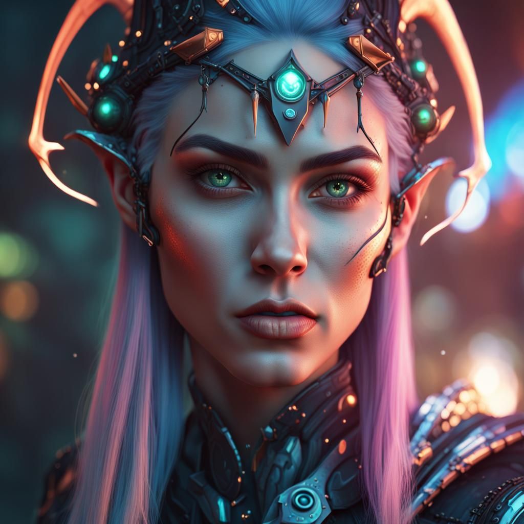 Cyberpunk Elf Portrait in Detailed Matte Painting