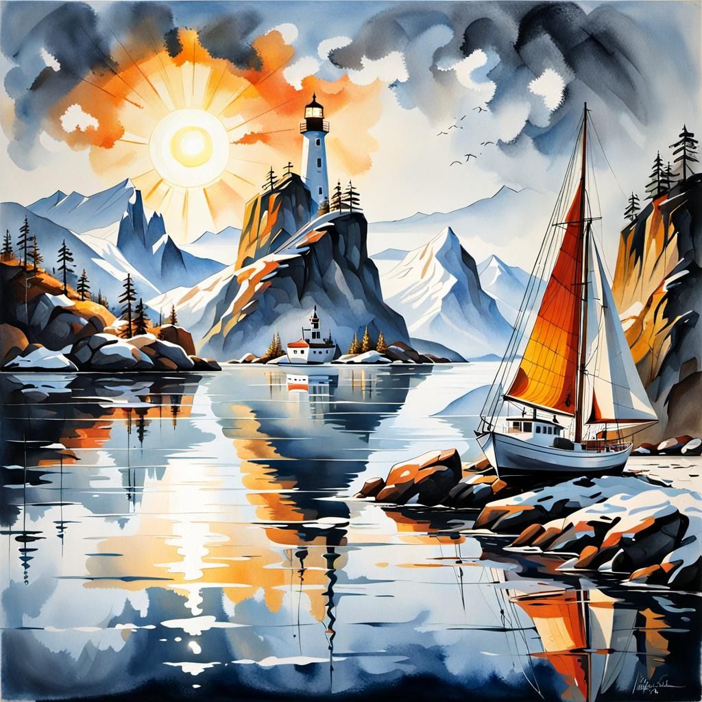 Sailboat in Norwegian Fjord Ink Splash Painting