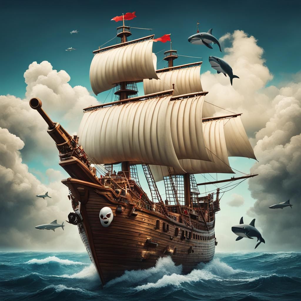 Flying Pirate Ship with Shark Mast in Clouds