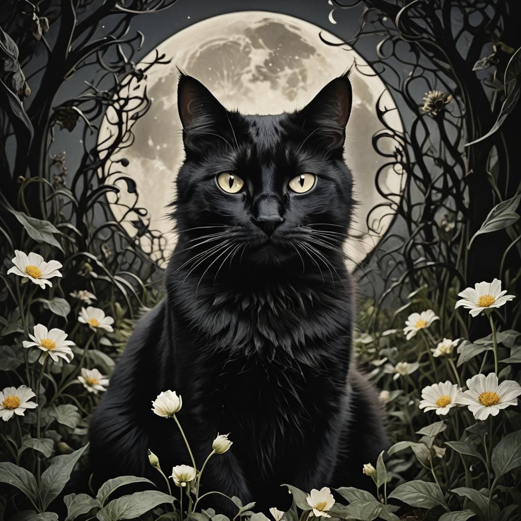 Art Nouveau Black Cat in Garden Under Moon
