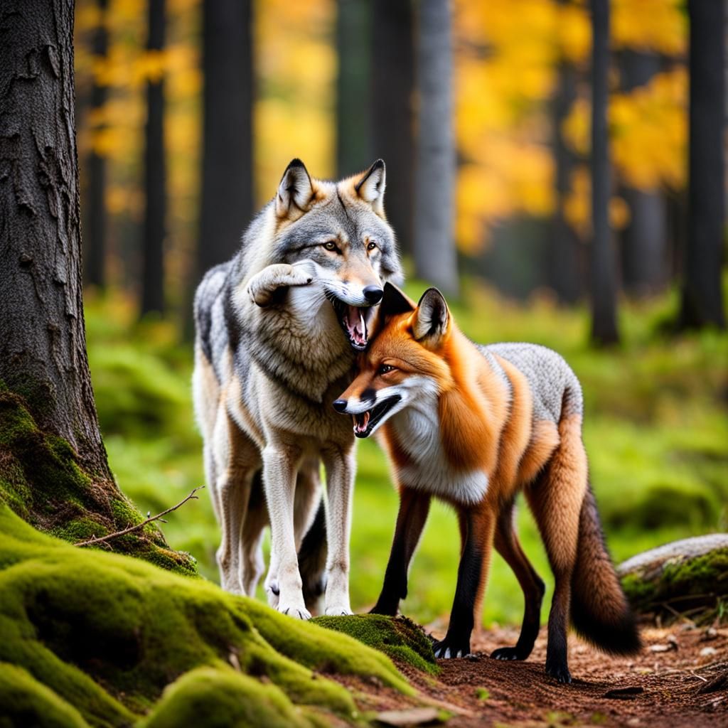 Wolf and Fox Play Together in Forest