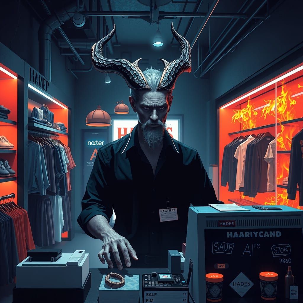 Hades Manages a Trendy Retail Store in Dark, Neon-Lit Style
