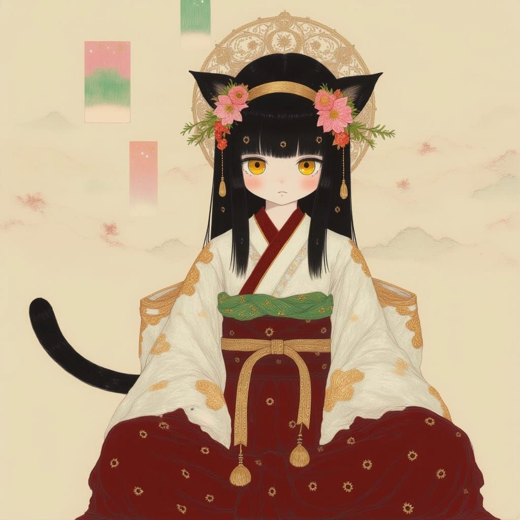 Traditional Japanese Miko Cat in Whimsical Anime Style