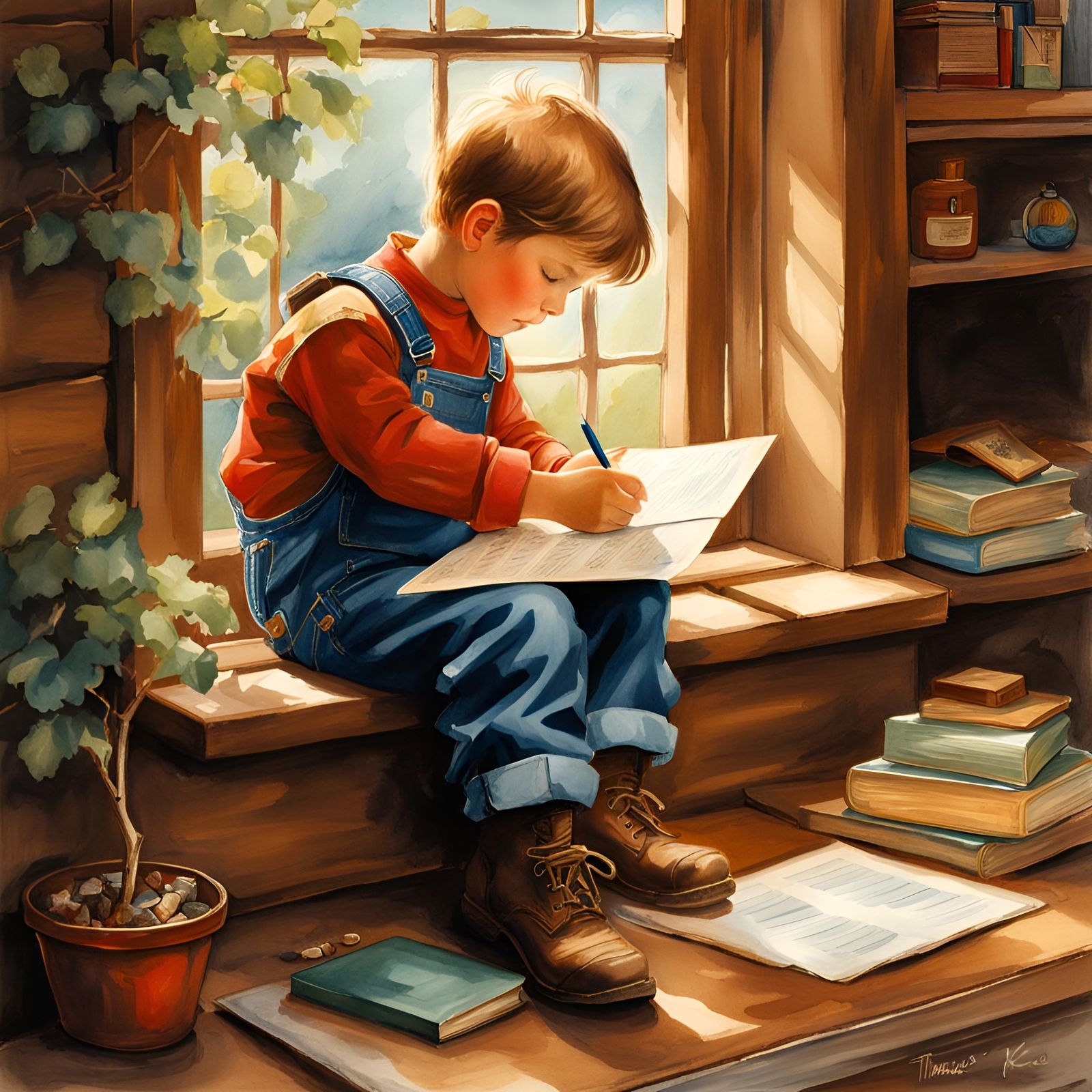 Boy Writes Letter in Storybook Watercolor Illustration