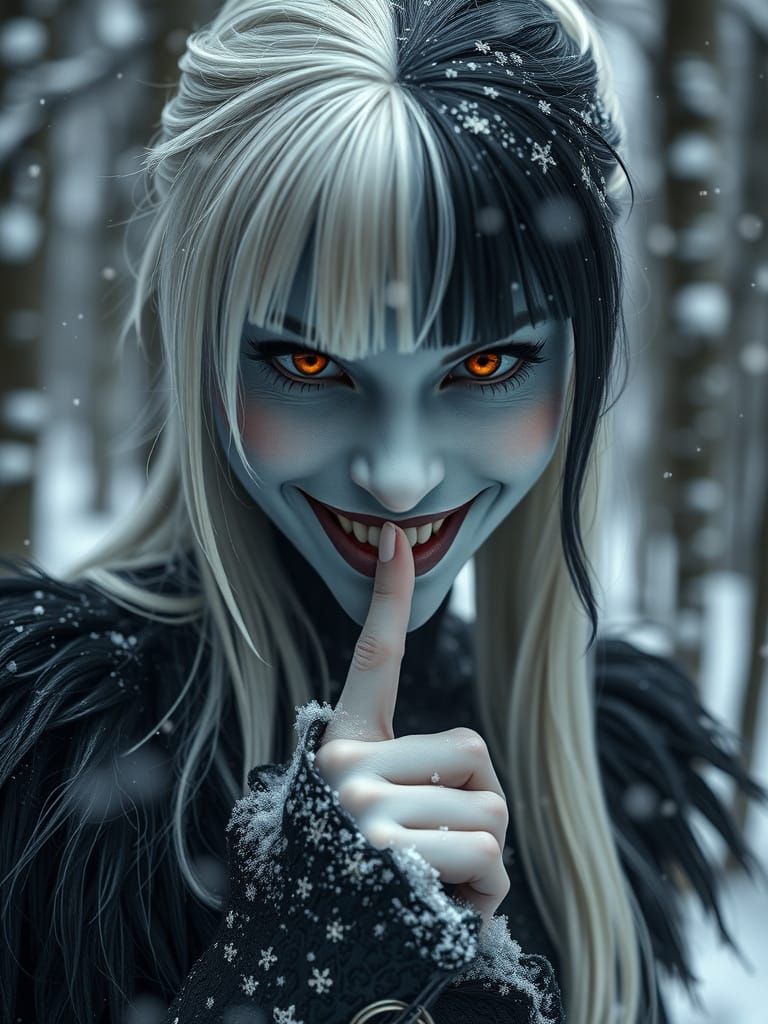 Cruella's Intense Stare in Snowy Forest