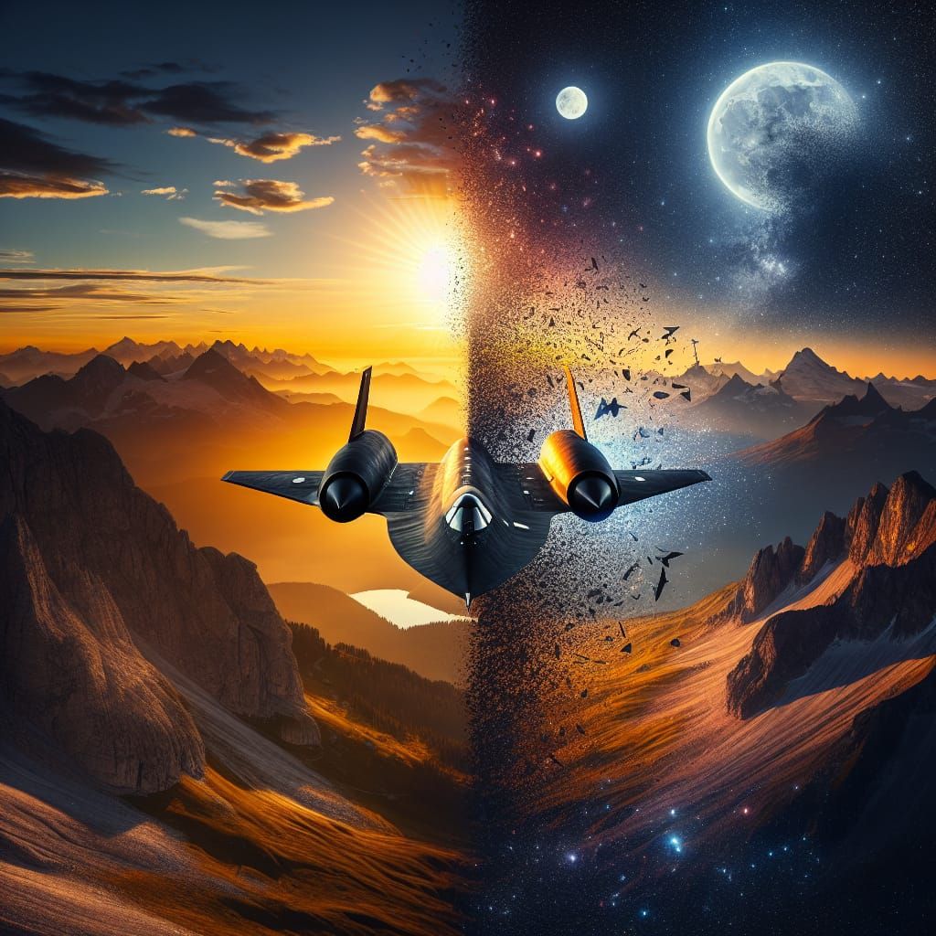 Dissolving SR-71 Blackbird over Dual Landscape