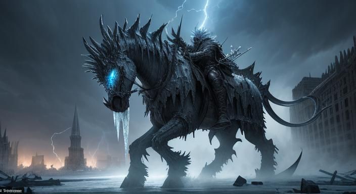 Lightning Knight Versus Ice Demon in Ruined City