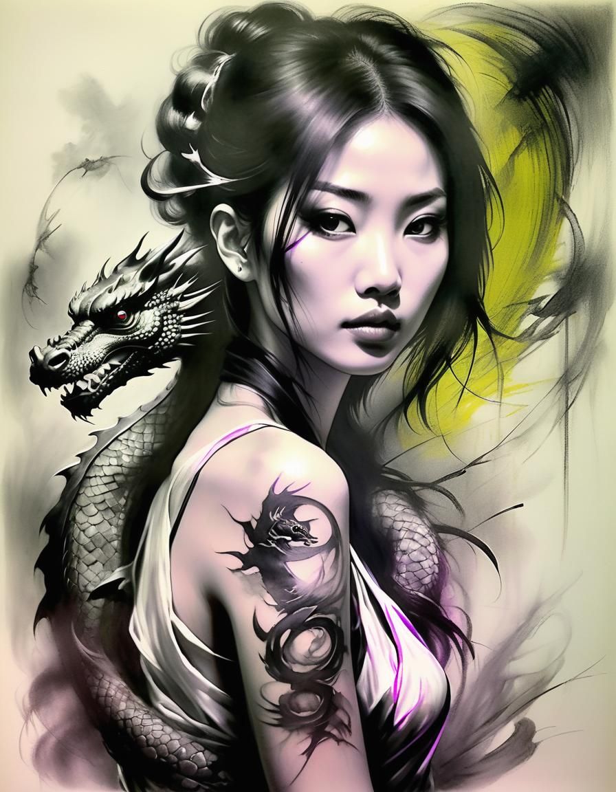 Japanese Woman with Dragon Tattoo in Charcoal Style