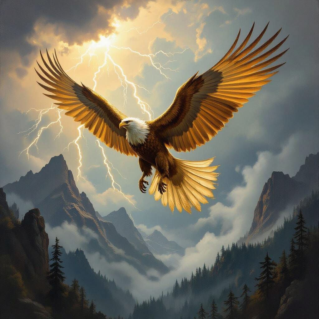 Griffin Soaring Through Stormy Sky as Oil Painting