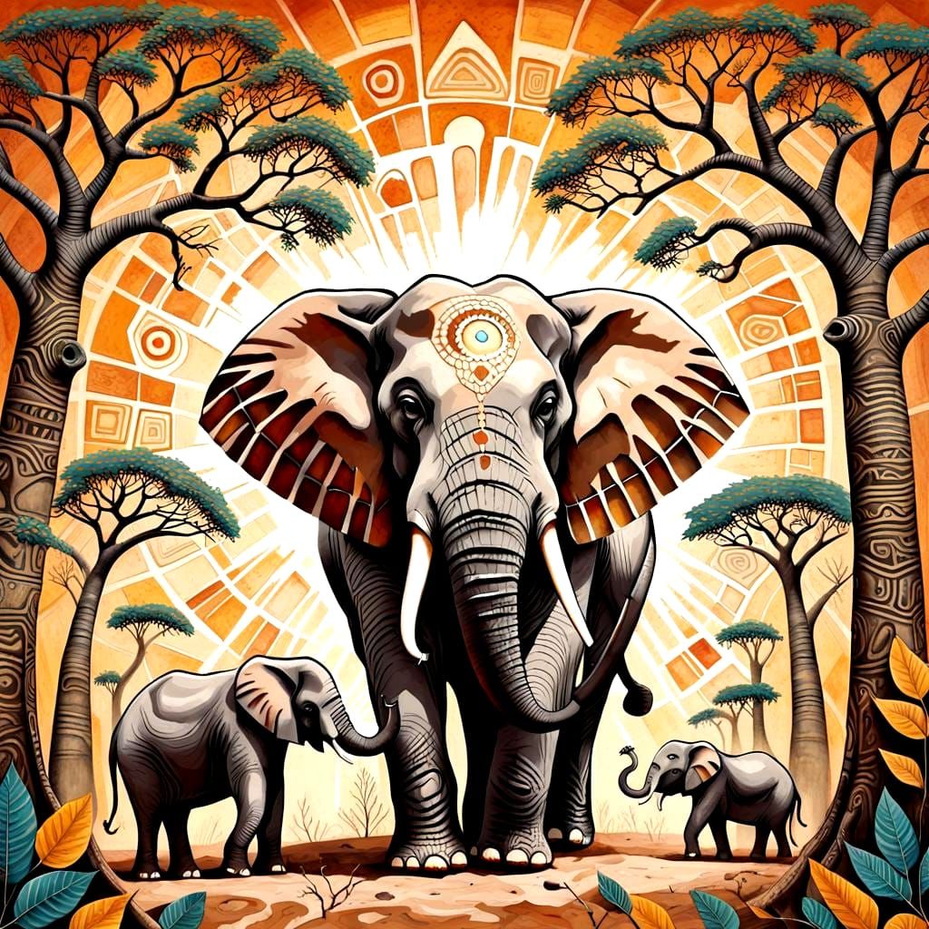 African Tribal Art: Elephant Eating Baobab Leaves