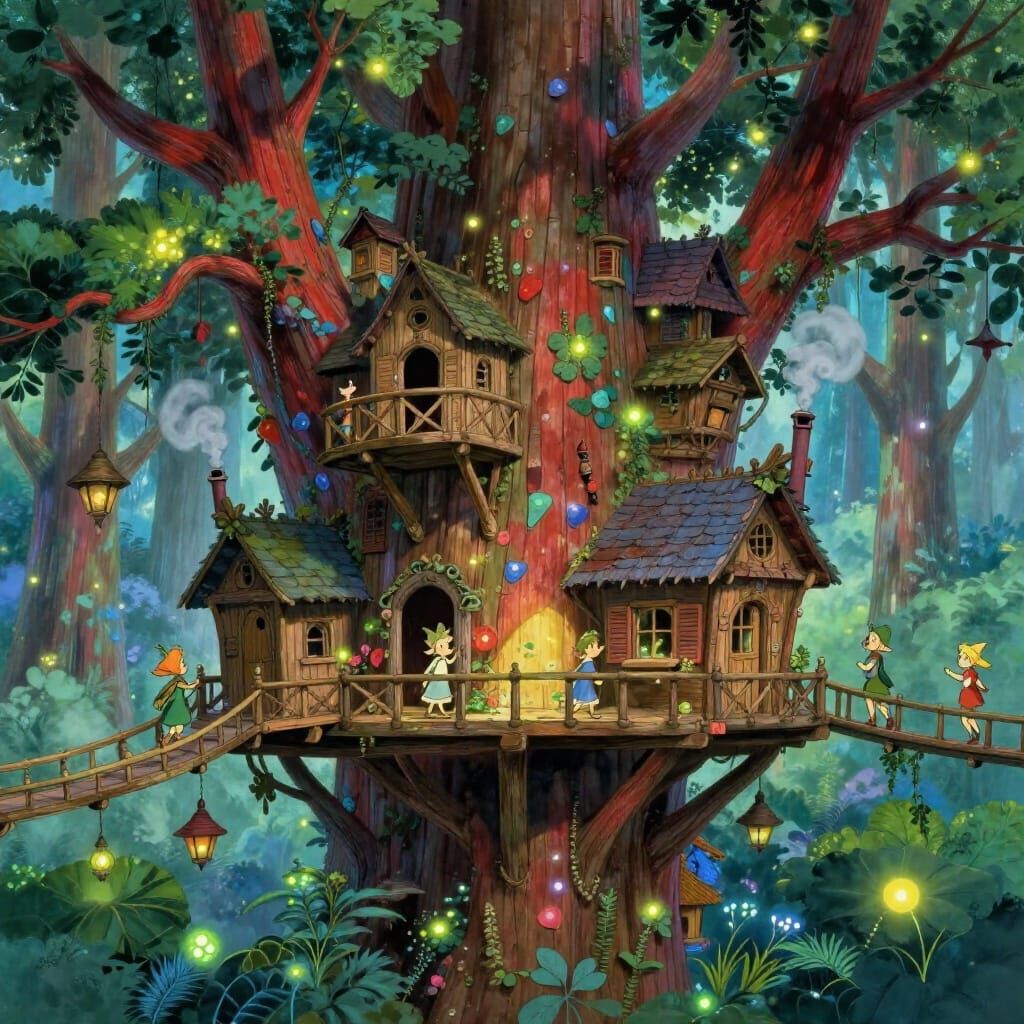 Magical Treehouse City With Elves In Bioluminescent Forest