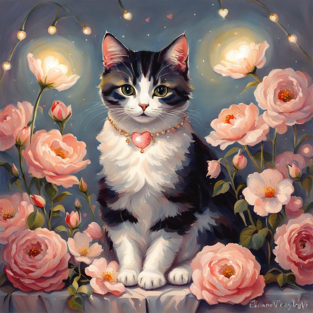Cute Cat Surrounded by Flowers in Victorian Style