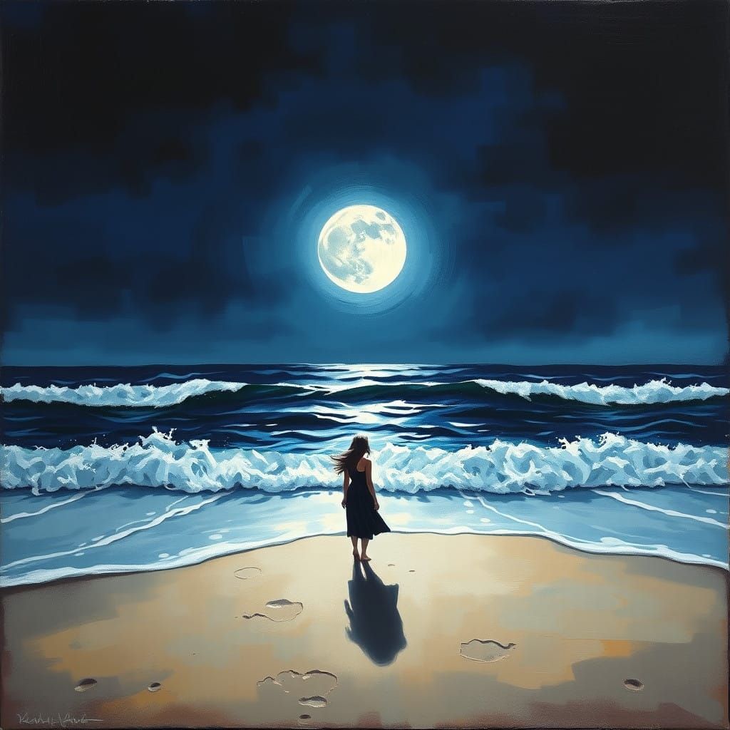 Moonlit Beach Scene in Ultramarine Blues
