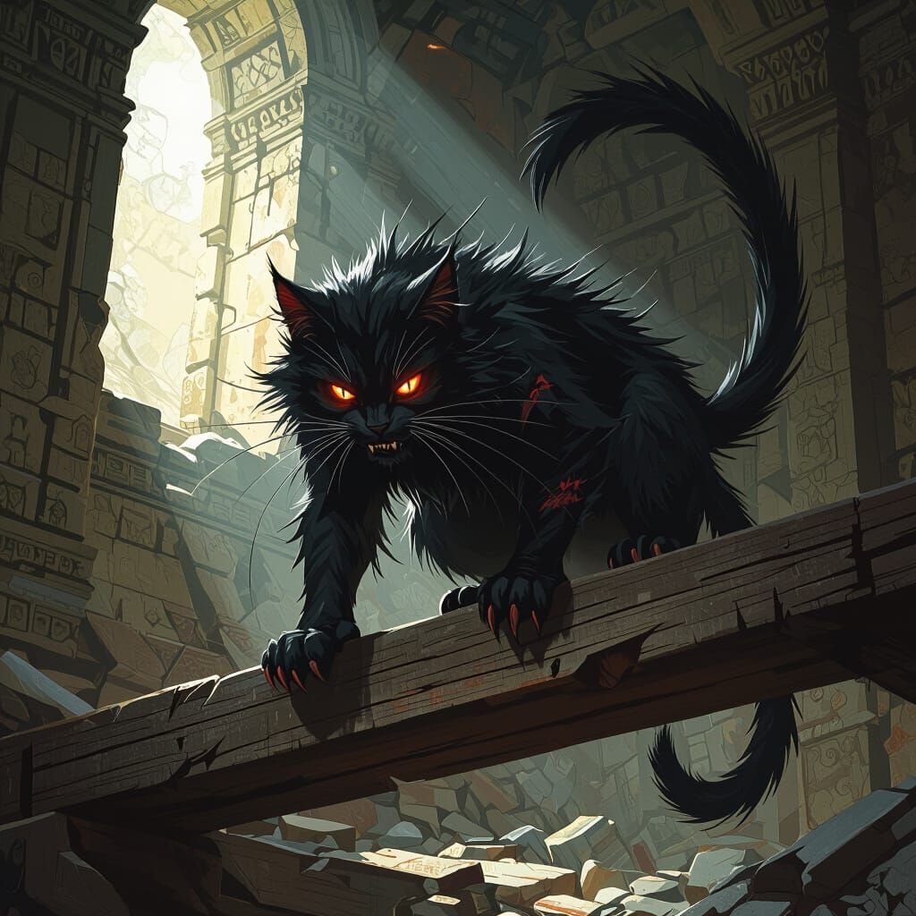 Terrifying Two-Tailed Cat in Ancient Temple