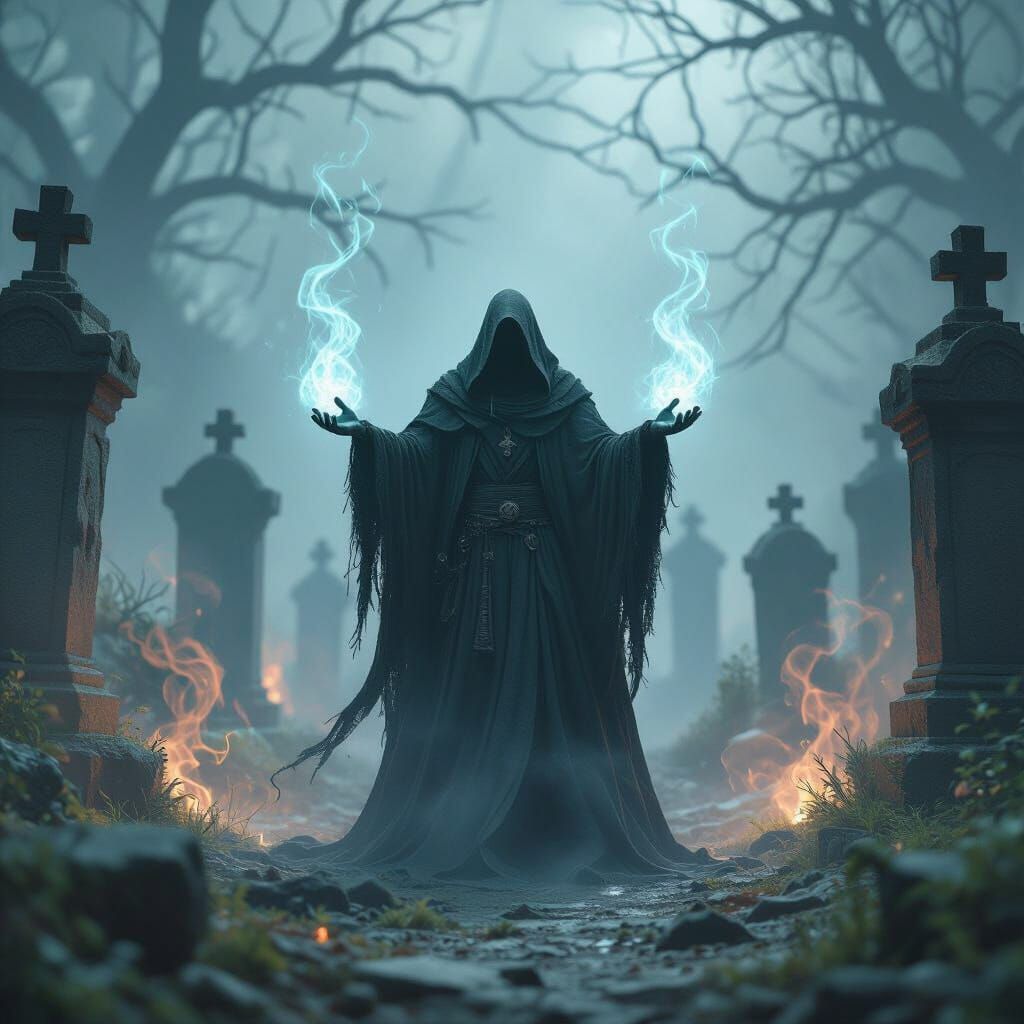 Necromancer Raising Dead in Graveyard: 3D Cinematic Render