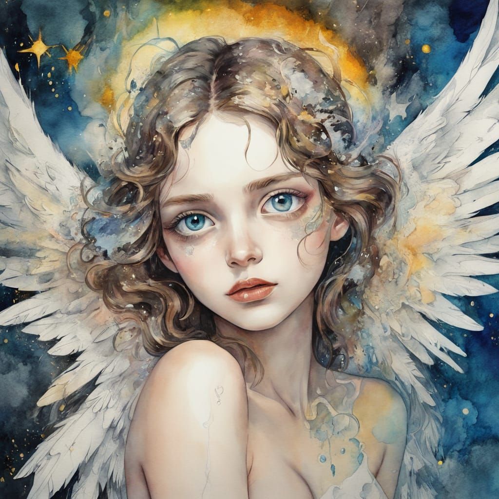 Heterochromia Angel in Forest, Digital Collage