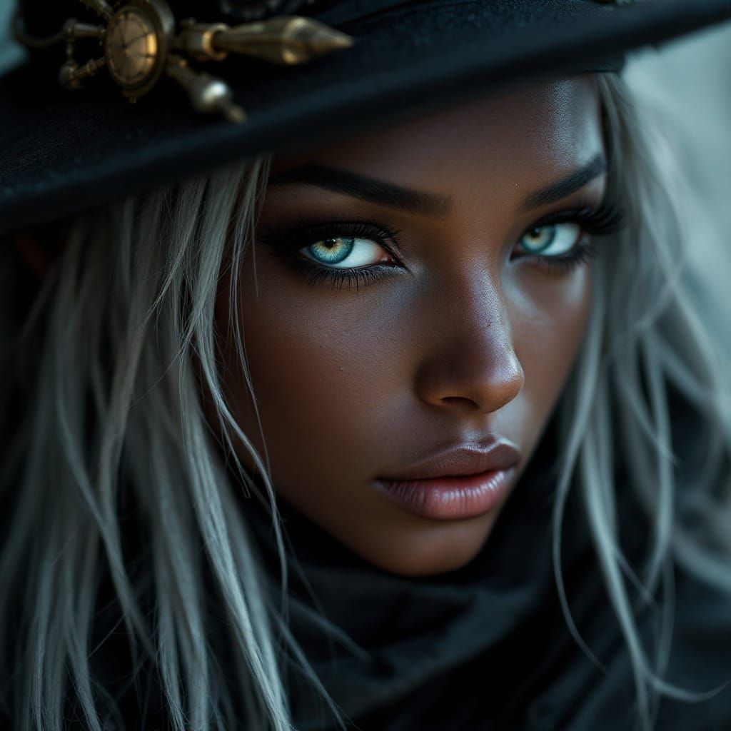 Steampunk Siren with Silver Hair and Intense Expression