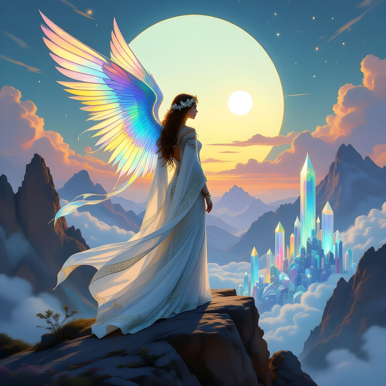 Celestial Being Over Alien Landscape, Art Nouveau Style