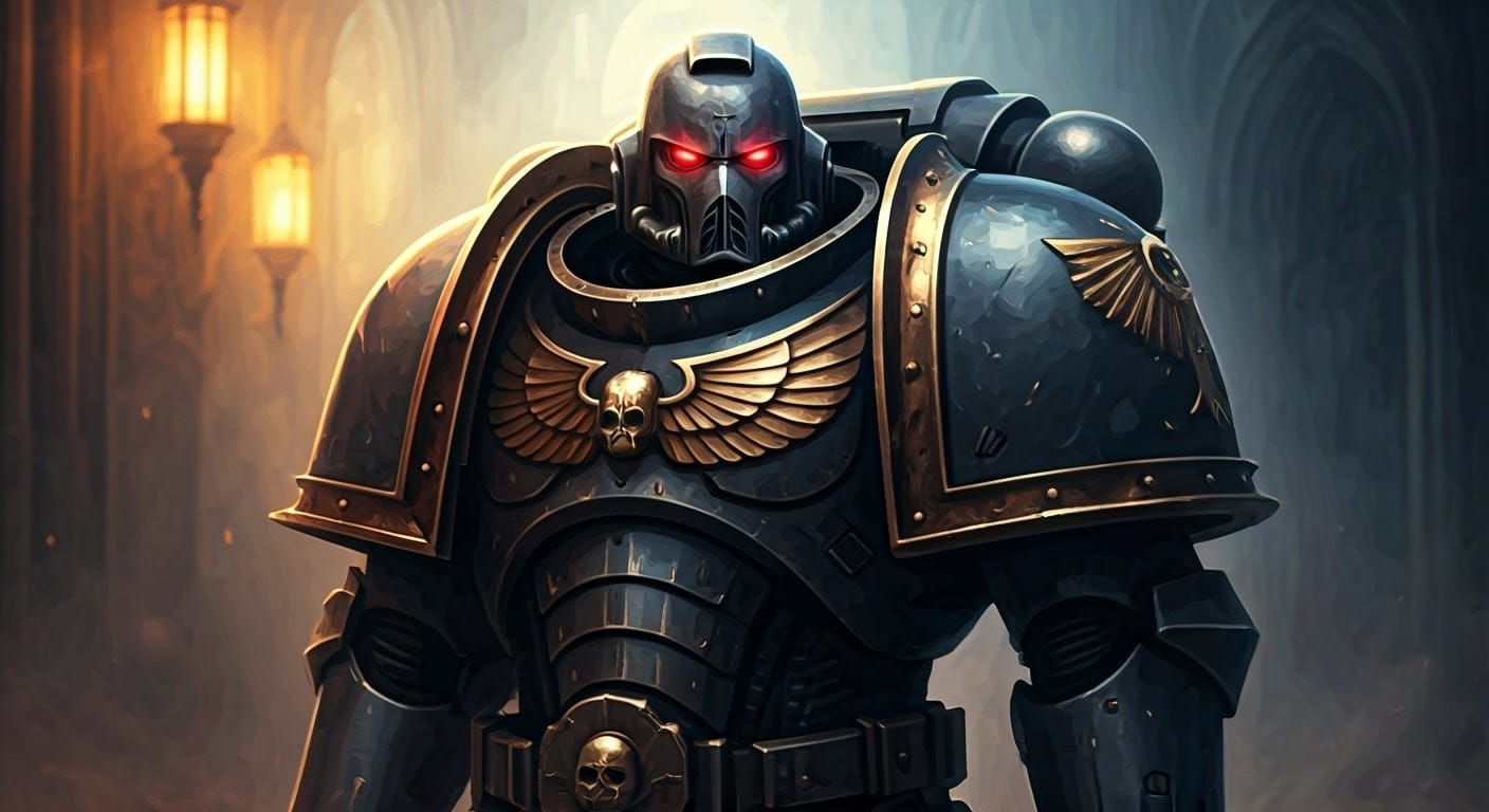 Space Marine in Gothic Armor Amidst Ethereal Mist