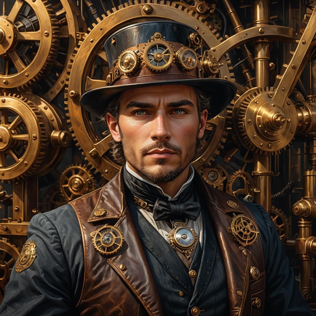 A meticulously crafted steampunk engineer, his attire adorne...