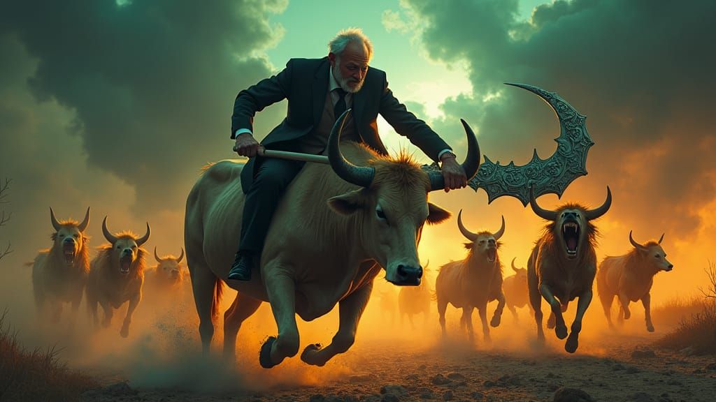 Elderly Statesman Rides Cow in Apocalyptic Art Nouveau Style