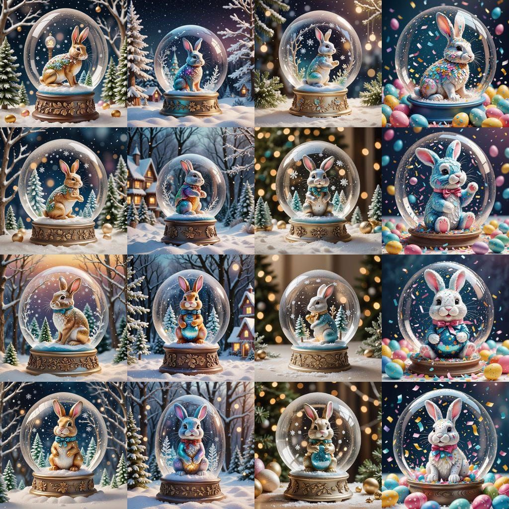 Vibrant Easter Bunny Sways a Winter Wonderland Snow Globe