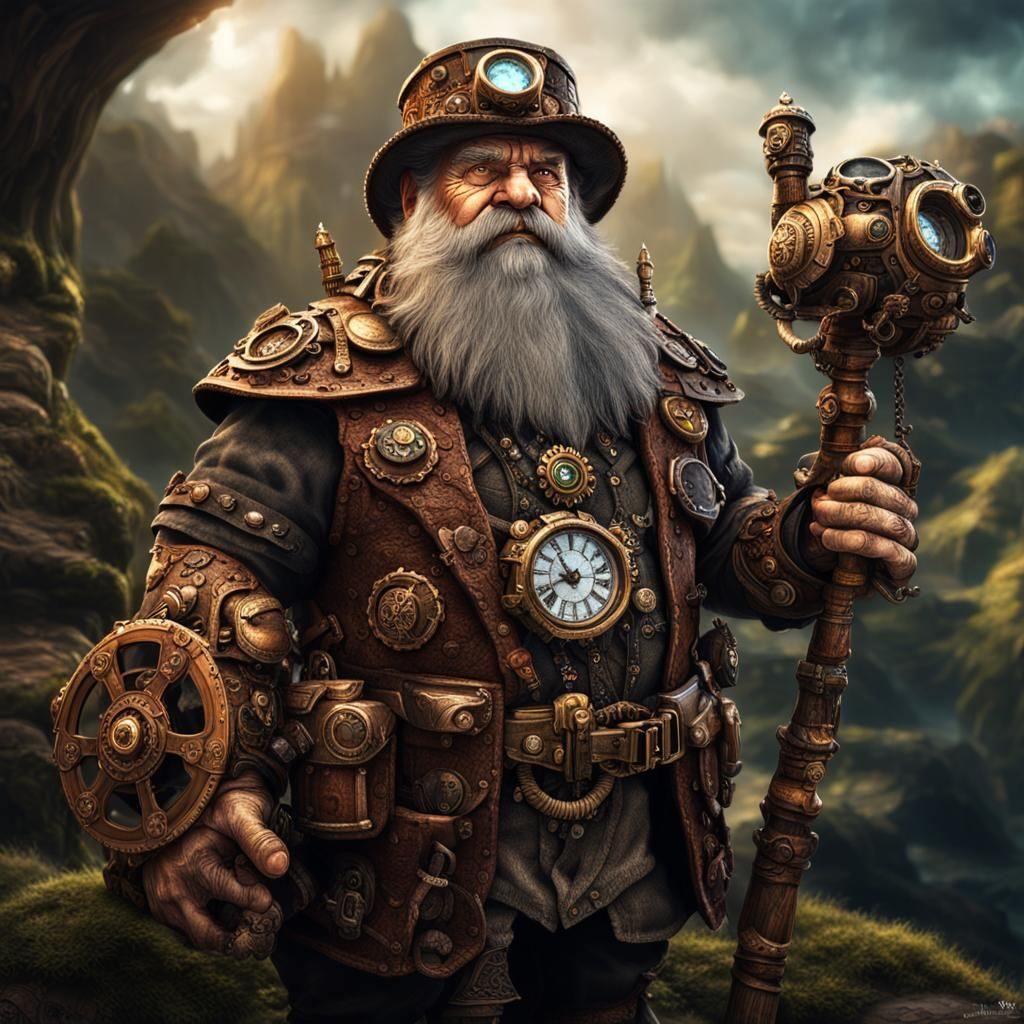 Steampunk Dwarf Druid in Hyperrealistic Style
