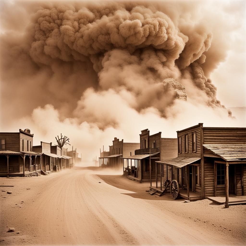 Dust Storm Engulfs Old Western Town, Circa 1849