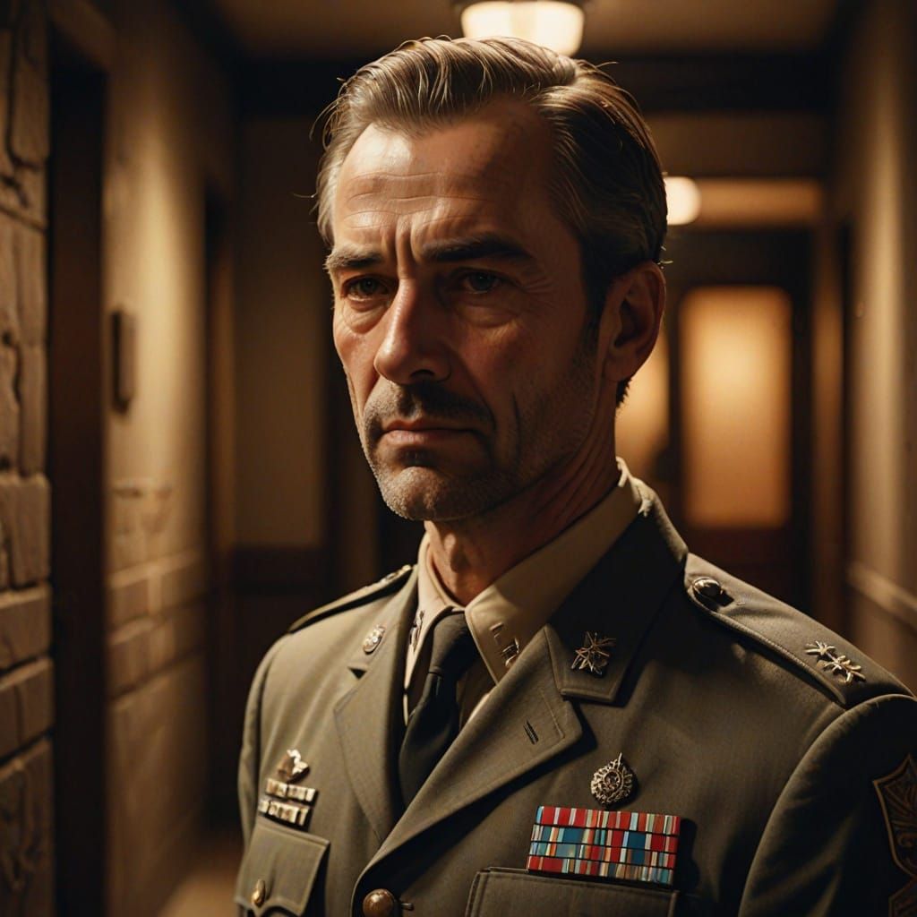 Weathered Guard Looks Back in Dimly Lit Hallway