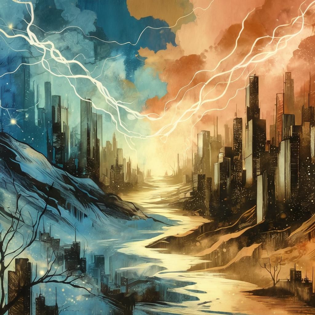 City Silhouette in Ink Etch and Oils