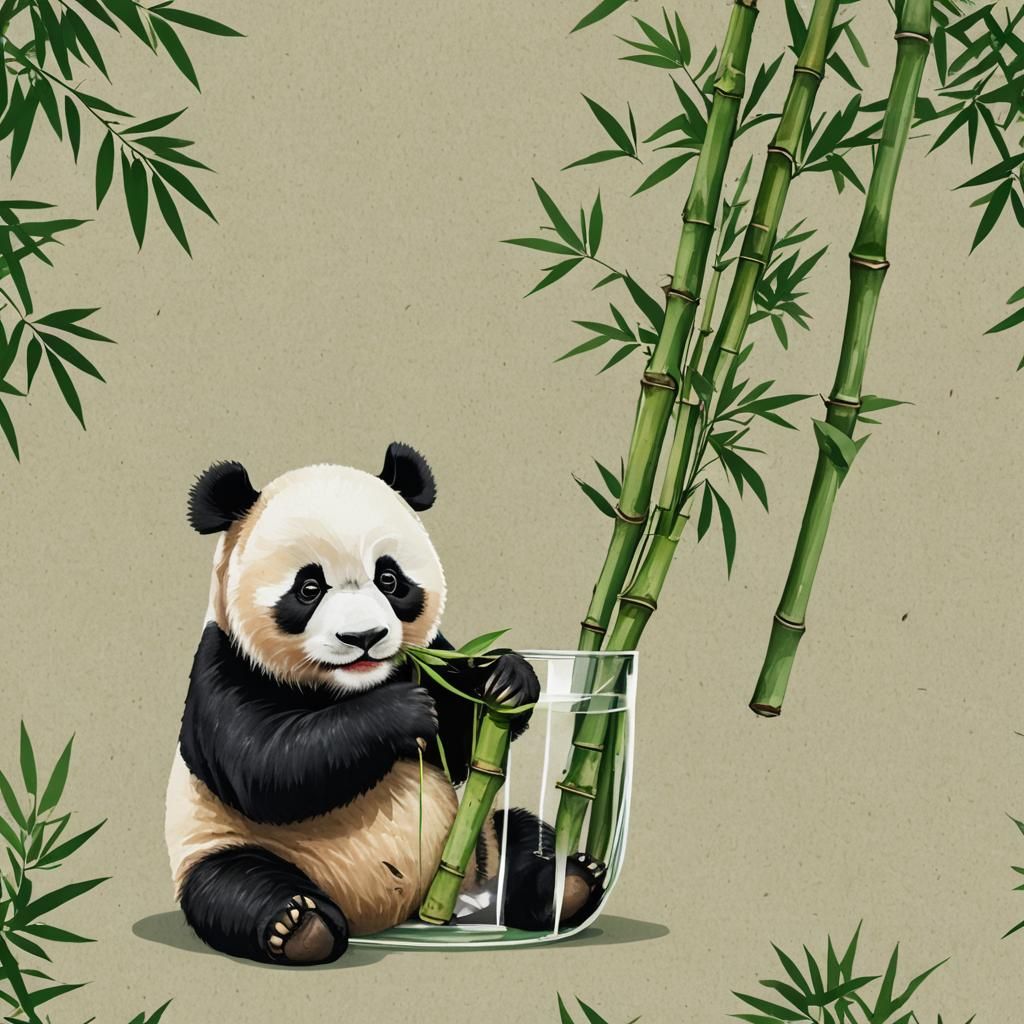 Panda Eating Bamboo in Glass Container