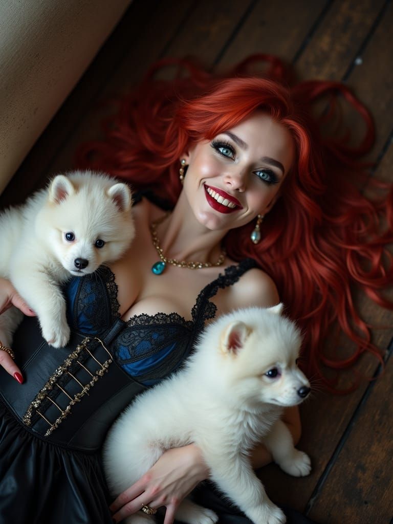 Two Vampiresses with Samoyed Puppies in Gothic Style